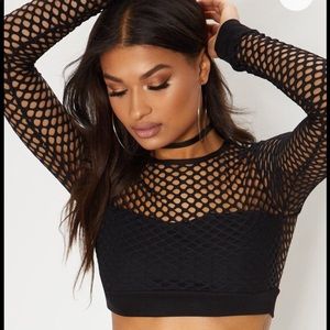 Pretty Little Thing black fish net crop top